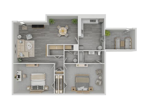 A 3D floor plan of a house with a kitchen, living room, dining room, and bathroom.
